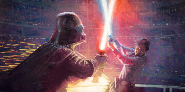 Darth Vader and Luke Skywalker fighting with red and blue lightsabers interlocked