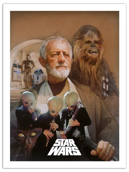 Star wars inspired art piece featuring portraits of the wookey, obi wan kenobi, r2d2, and c3po.