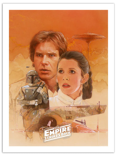 the empire strikes back art piece with scenes from the movie in shades of orange. in the mid ground is the portrait of Princess Leia and Han Solo. In the foreground is the bounty hunter Boba Fett