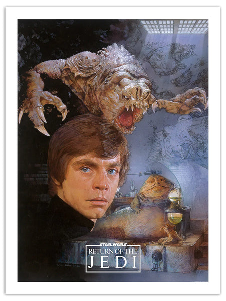 return of the jedi art piece with a portrait of luke skywalker in the foreground. in the background is the rancor and jabba the hut