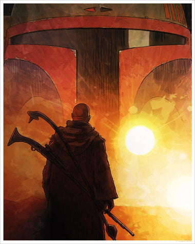 A close up of Boba Fett's Duraplast armored helmet with Boba Fett in the foreground without his helmet, silhouetted by the sun