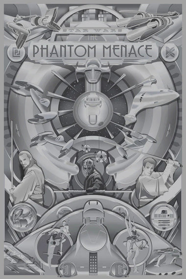 A black and white poster featuring characters and scenes from Star Wars: The Phantom Menace, as well as spacecraft from the movie.