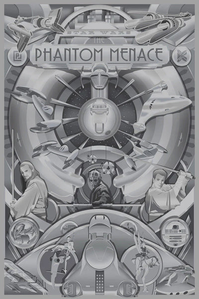 A black and white poster featuring characters and scenes from Star Wars: The Phantom Menace, as well as spacecraft from the movie.