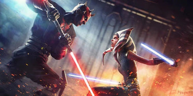 a star wars art piece of a light saber battle between ahsoka tano and darth maul.