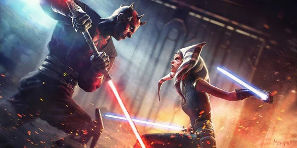 a star wars art piece of a light saber battle between ahsoka tano and darth maul.