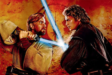 a star wars art piece of obi wan kenobi and anakin skywalker battling with lightsabers.