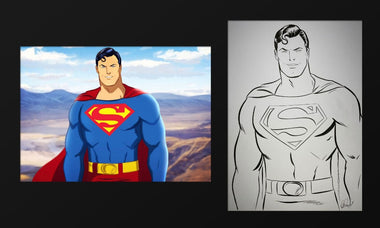 Superman art piece divided into two sections. The left section is superman in full colour standing infront of a rocky landscape. the right section is the original drawing of the colour section.