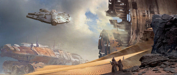 A canvas print featuring Millenium Falcon in a desolate landscape with a cloudy sky, part of 'Star Wars' series.