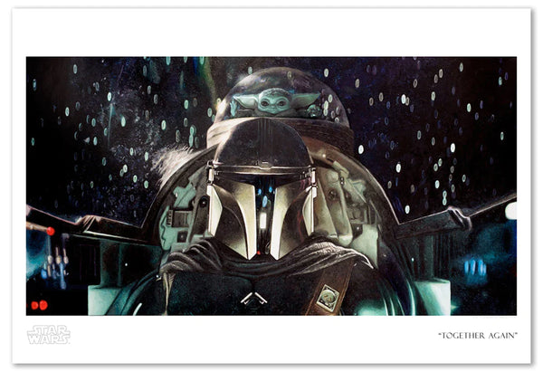 The mandalorian art piece depicting the mandalorian and grogu in their spacecraft with a dark star speckled background