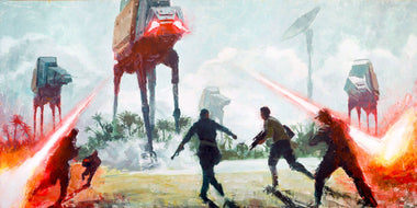artwork inspired by rogue One star wars depicting machines shooting lasers as people run towards it 