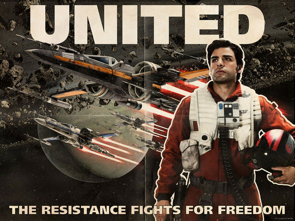 A promotional style poster featuring the character Poe Dameron from Star Wars with a background of various spacecraft, from Star Wars 'The Force Awakens'.