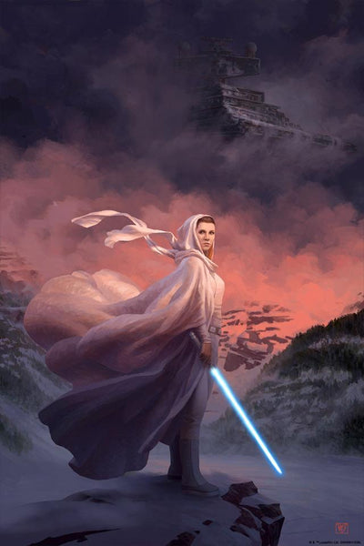 Star Wars Leia with a lightsaber on a hoth with a sunrise and the millenium falcon in the background