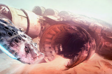 Limited edition canvas print featuring the Millennium Falcon from Star Wars with a desert background.