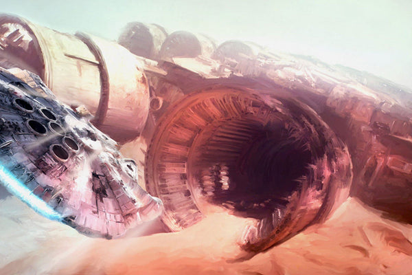 Limited edition canvas print featuring the Millennium Falcon from Star Wars with a desert background.