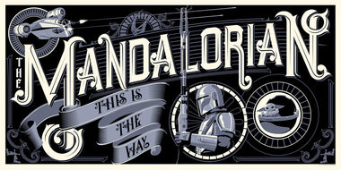 Art piece with the words the mandalorian this is the way featuring the mandalorian and gorgu in blue black and white