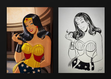 Wonder woman art piece divided into two sections. The left section is wonder woman in full colour leaning against a wall and smiling. the right section is the original drawing of the colour section.