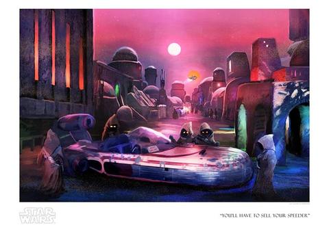 Star Wars: A New Hope inspired print by Joel Payne depicting a Star Wars speeder surrounded by Insectoid Dealers.