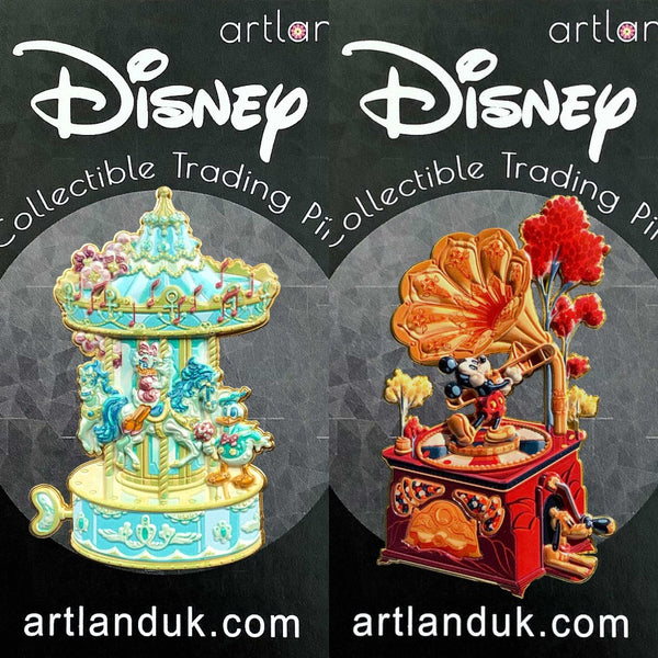 two disney pins on black backing cards. the first is a musical carousel in pastel colours. daisy duck is riding one of the horses on the carousel. donald duck has a bouquet of flowers. the second is a gramophone design in reds and oranges. mickey mouse is playing the trombone in top. pluto is lying down on the ground with a cheerful expression.