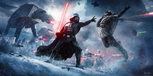 a star wars art piece of darth vader using the force to strangle a rebel. behind him are at-ats and storm troopers firing lasers.