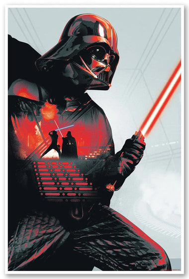 a star wars art piece featuring an image of darth vader with a light saber. overlaid is an image of darth vader and luke skywalker battling with light sabers.
