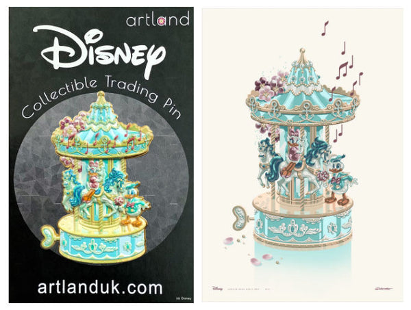 two images side by side. the left is a disney pin shaped like a carousel in pastel colours. daisy duck is riding one of the horses on the carousel. donald duck has a bouquet of flowers. the left image is the art piece that inspired the pin.
