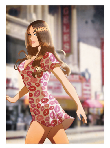 an art piece of a woman with dark blonde hair crossing a city street. she is wearing a white dress covered in pink kiss marks.