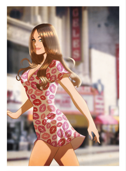an art piece of a woman with dark blonde hair crossing a city street. she is wearing a white dress covered in pink kiss marks.
