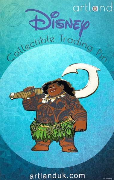 a disney moana pin on a turquoise backing card. this pin is of maui in a grass skirt with his goddess gifted hook on his shoulder. 