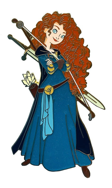 A disney pin that is a full body image of merida in a blue dress and cloak, with a bow and sword.