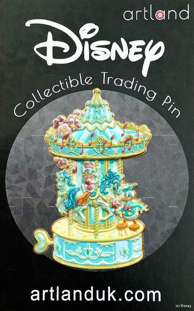 a disney pin shaped like a carousel in pastel colours. daisy duck is riding one of the horses on the carousel. donald duck has a bouquet of flowers.