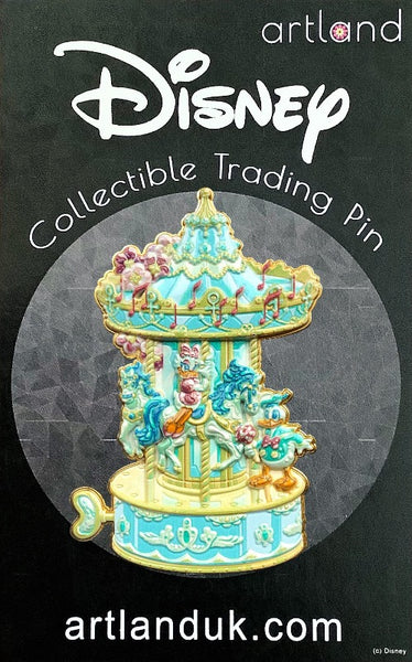 a disney pin shaped like a carousel in pastel colours. daisy duck is riding one of the horses on the carousel. donald duck has a bouquet of flowers.
