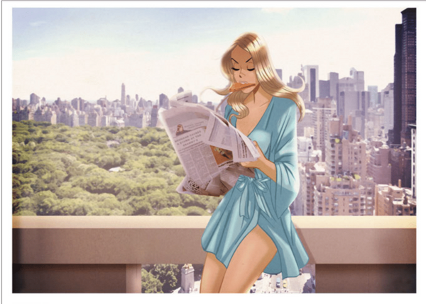 an art piece of a woman sat on her balconey which overlooks a city. she is in a blue dressing gown reading a newspaper. she has a triangle of toast held in her mouth.