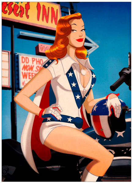 a stunt woman wearing a white suit with a cape. she is sat on a motorcycle with her hand resting on a helmet.