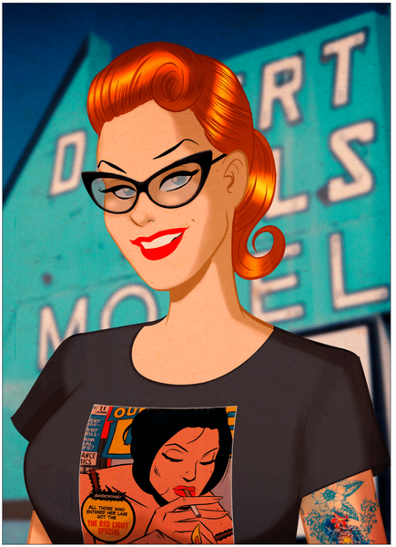 a close up art piece of a ginger woman. she has vintage style glasses on and red lipstick. she has tattoos on her arm.