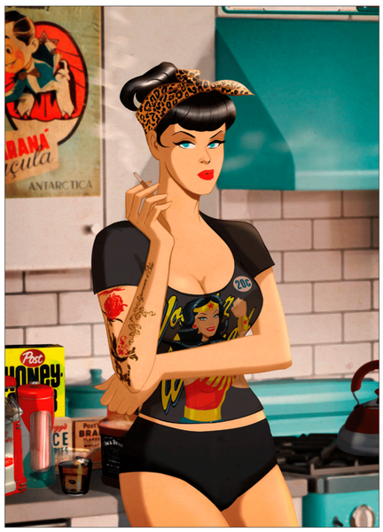 a woman is leaning against a kitchen counter smoking a cigerette. she is wearing a wonder woman t shirt and has a leopard print hair scarf.