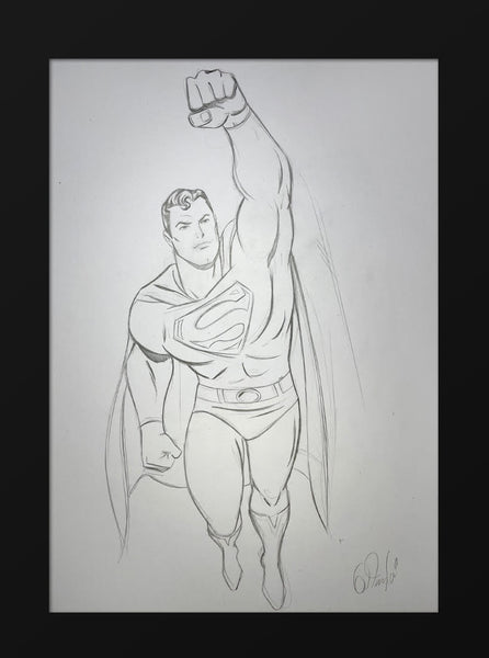 original pencil drawing of superman in flight.
