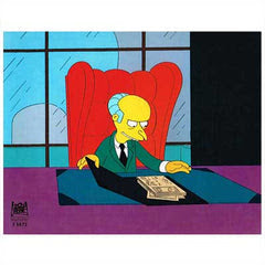 mr. burns sat at his desk looking through a file. 
